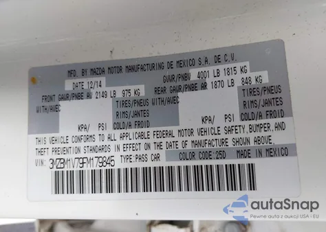 2015 Mazda 3 Touring z USA, uszkodzony, nr VIN 3MZBM1V79FM179845